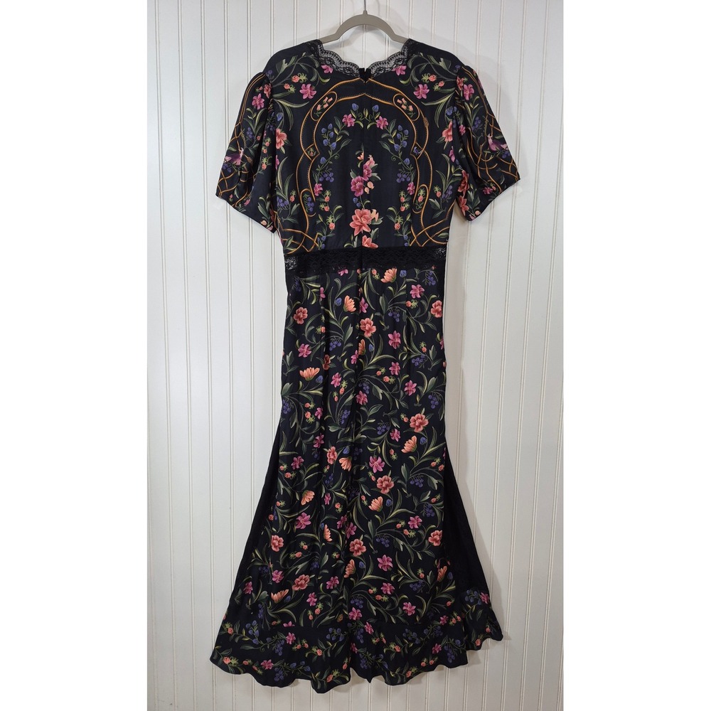 Farm Rio Black Floral Lace Trim Maxi Slip Dress Short Sleeve V-Neck XL Lined - Picture 3 of 11